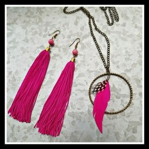 Pink tassel earrings & Bronze Feather Necklace Set